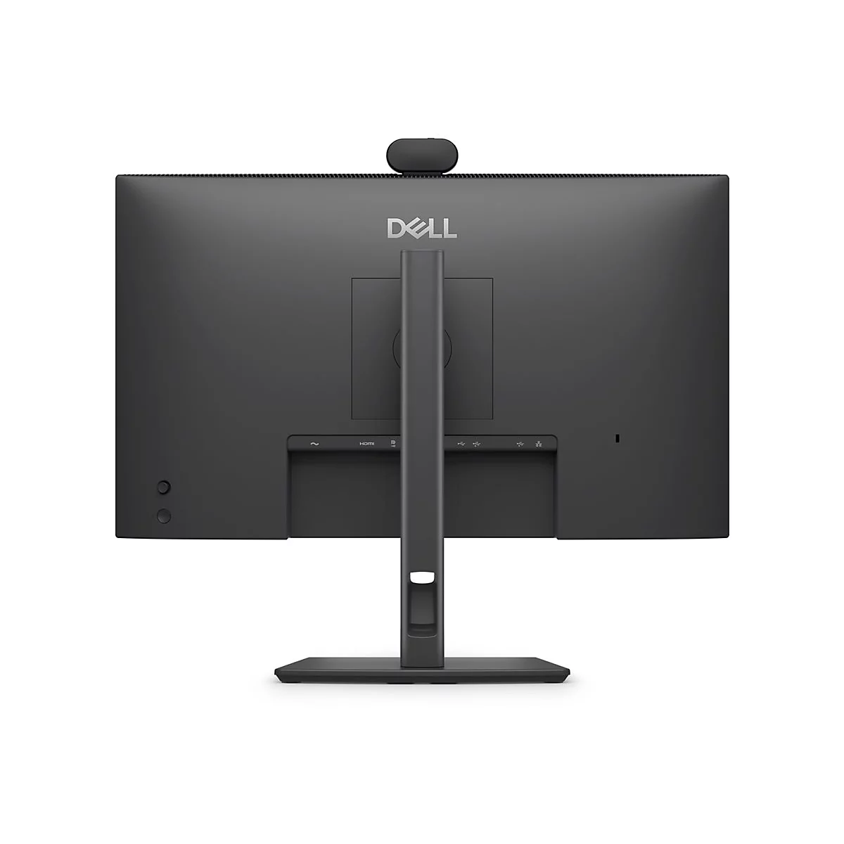 Rückseite eines schwarzen Dell Monitors mit Standfuß und Webcam auf weißem Hintergrund.