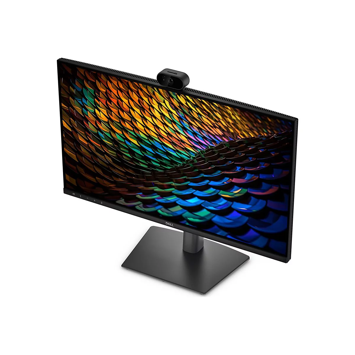 Schwarzer Dell Monitor mit integrierter Webcam auf einem Standfuß vor weißem Hintergrund.