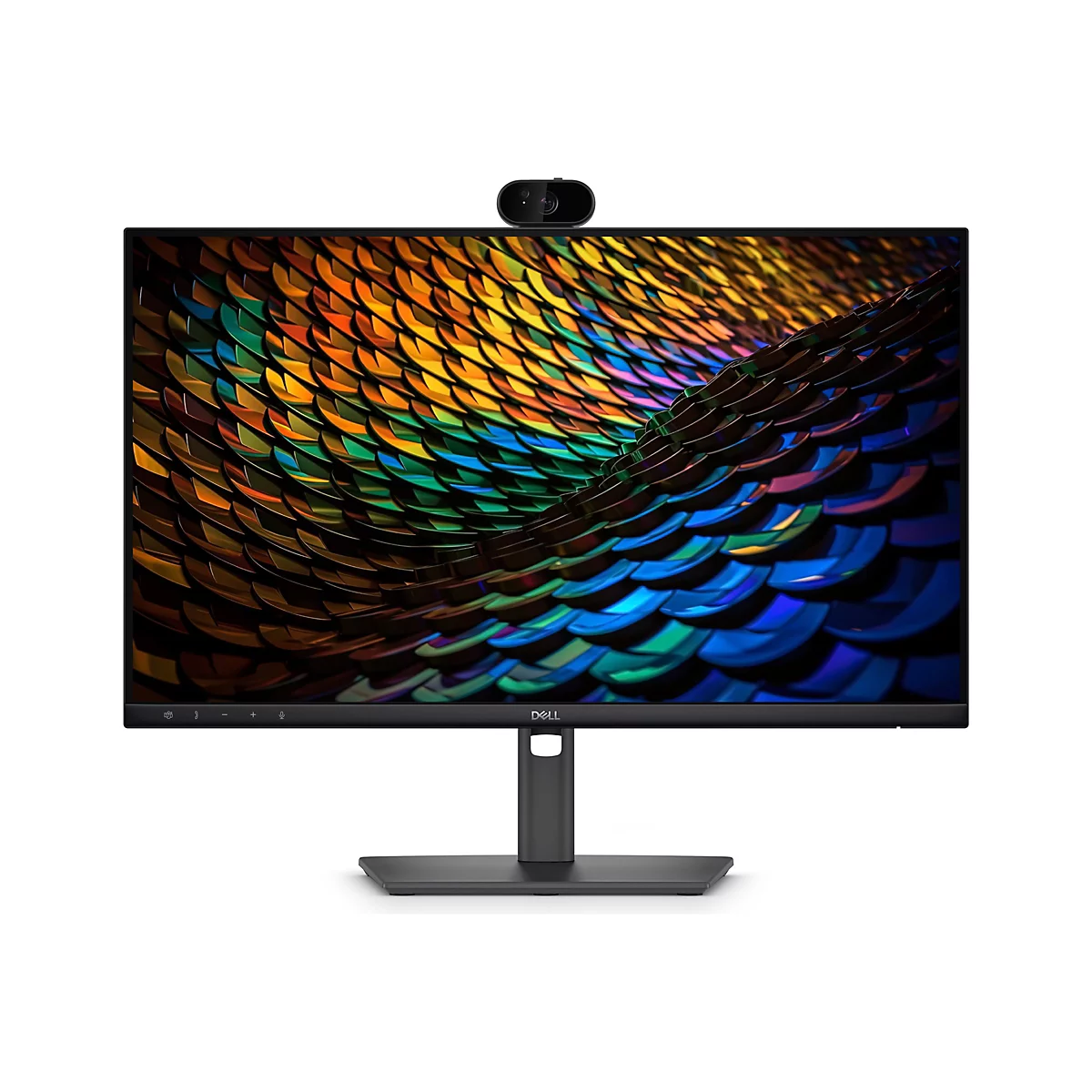 Schwarzer Dell-Monitor mit schmalem Rahmen, integrierter Webcam und buntem, abstraktem Muster auf dem Display.