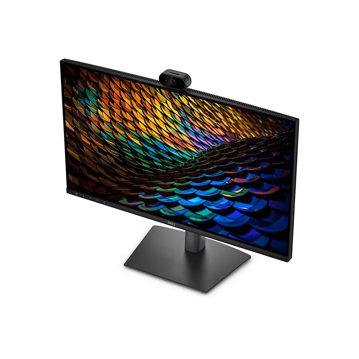 Schwarzer Dell Monitor mit Webcam oben auf dem Bildschirm vor weißem Hintergrund.