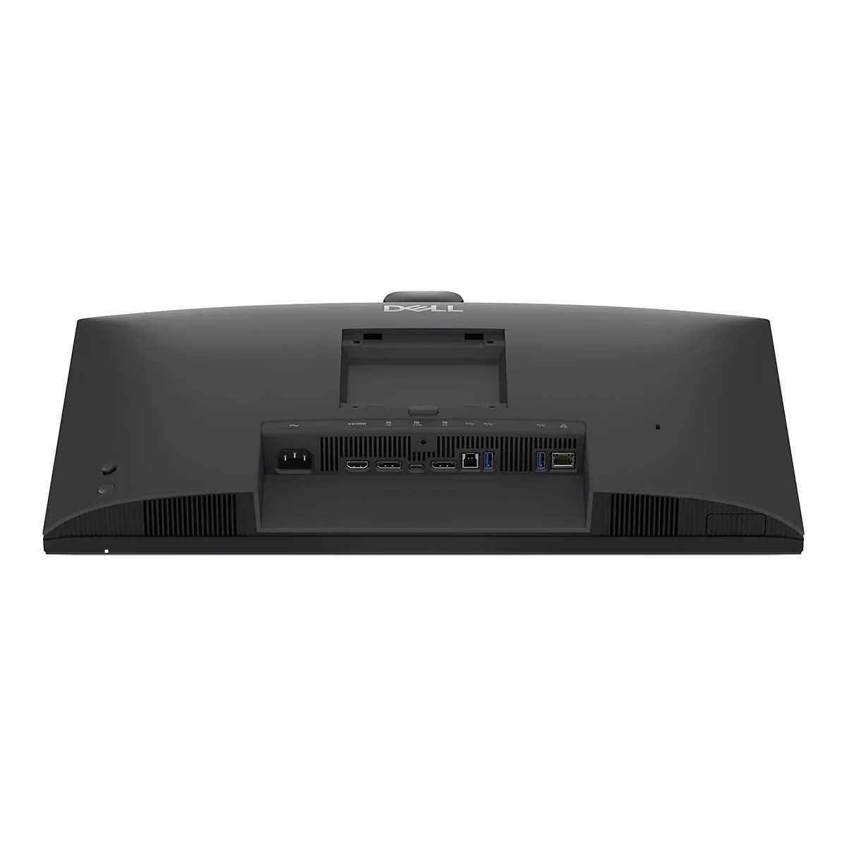 Rückseite eines schwarzen Dell-Monitors mit verschiedenen Anschlüssen und Dell-Logo.