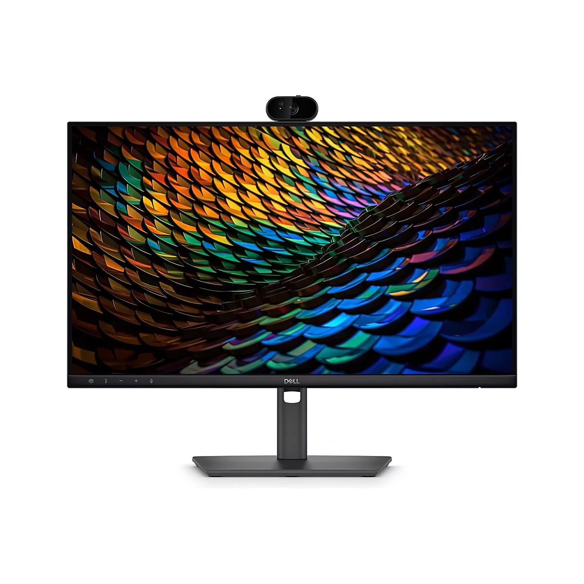 Schwarzer Dell Monitor mit integrierter Webcam oben und farbenfrohem, schuppenartigem Displayhintergrund.