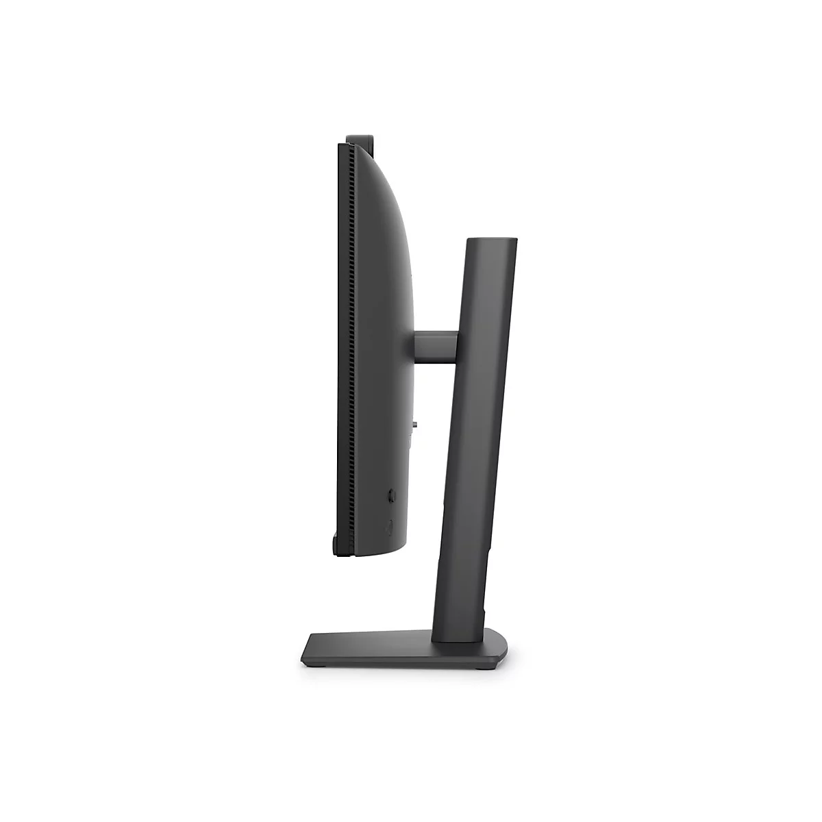 Seitliche Ansicht eines schwarzen Computermonitors mit schlankem Standfuß auf weißem Hintergrund.