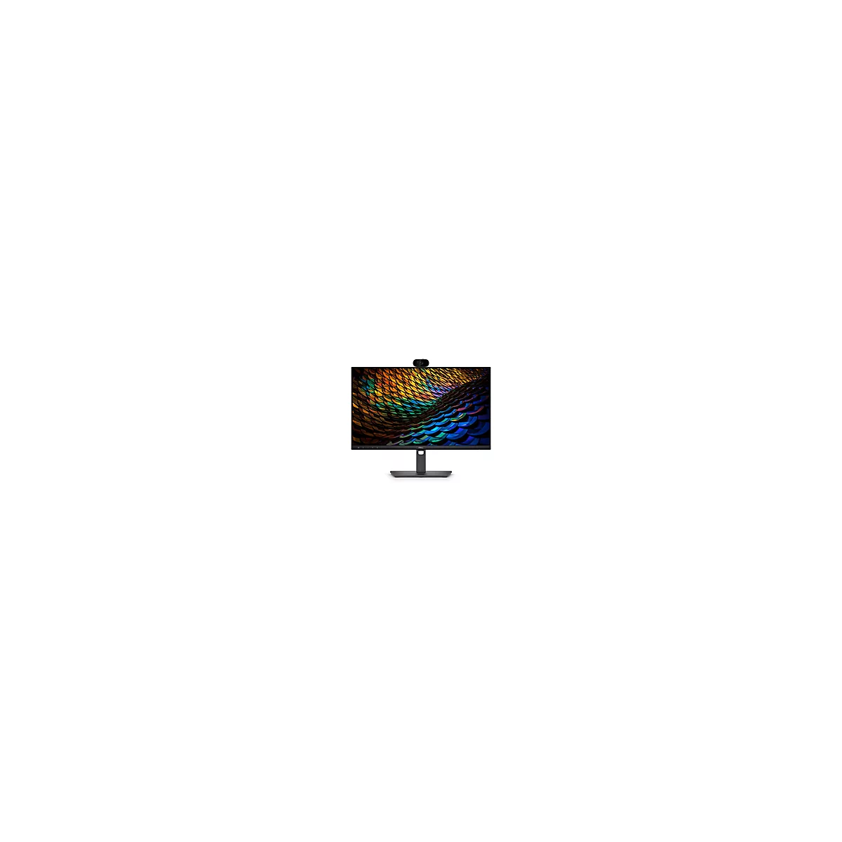 Dell Monitor mit Webkamera oben mittig und farbenfrohem, abstraktem Hintergrund auf dem Display.