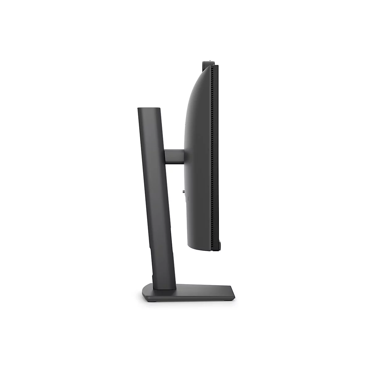 Seitliche Ansicht eines schwarzen Computermonitors auf einem Standfuß vor weißem Hintergrund.