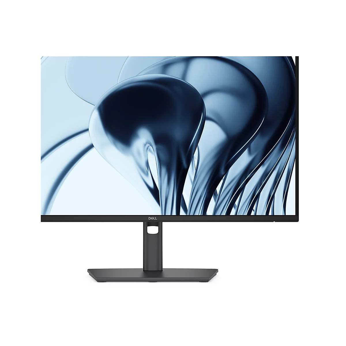 Ein schwarzer Dell-Monitor. Der Bildschirm zeigt ein blau-graues, abstraktes Design. Unten steht 'DELL'.