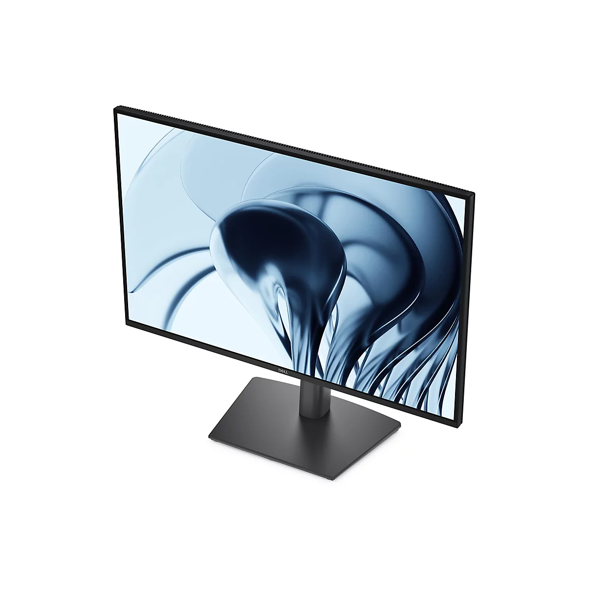 Ein schwarzer Dell-Monitor vor weißem Hintergrund. Der Bildschirm zeigt ein blaues, abstraktes Design.