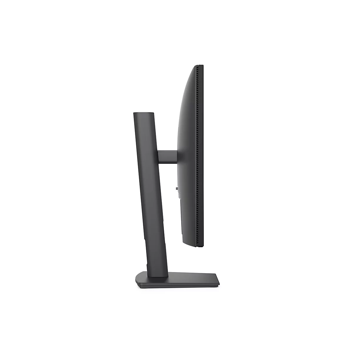 Seitenansicht eines schwarzen Monitors mit Standfuß vor weißem Hintergrund.