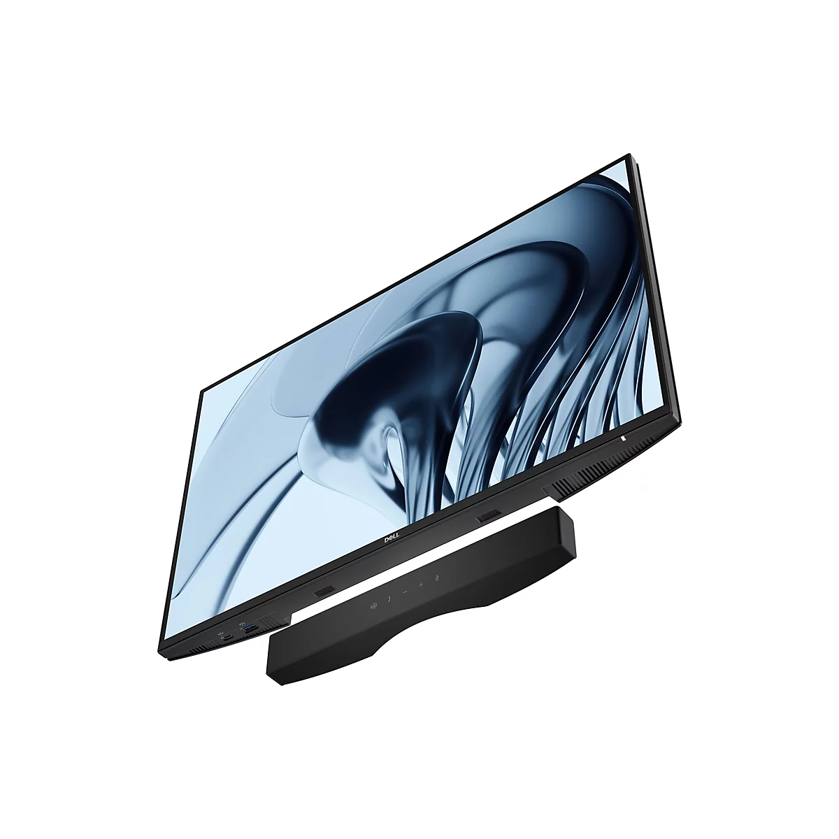 Ein Dell-Monitor mit schmalem Rahmen und integrierter Soundbar, vor weißem Hintergrund. Der Bildschirm zeigt ein blau-weißes abstraktes Muster.