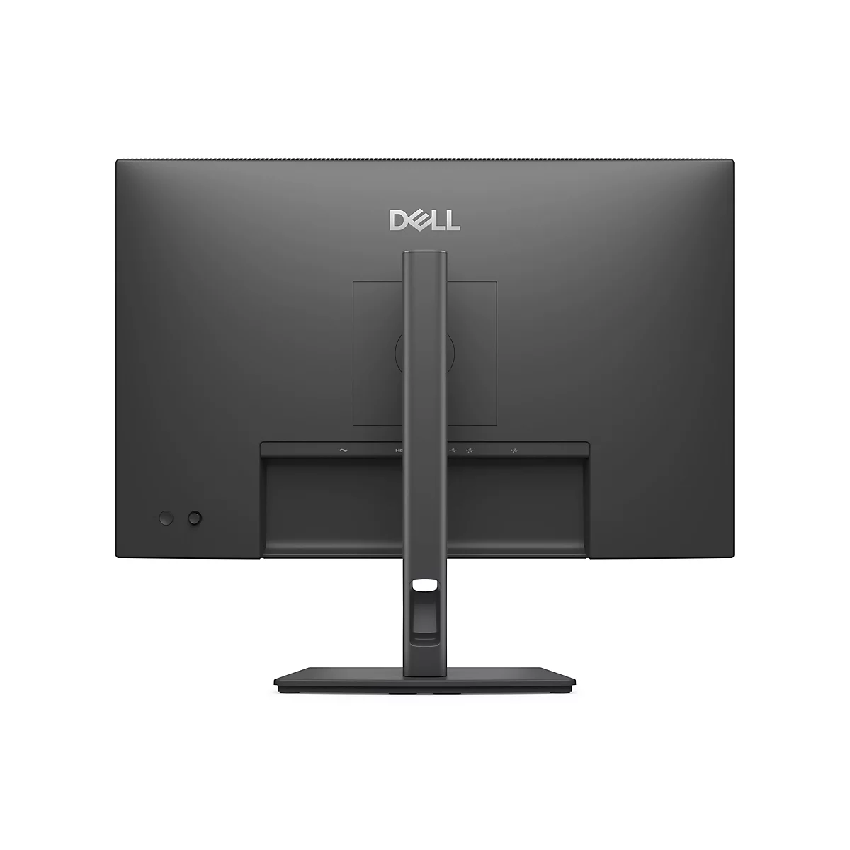 Rückseite eines schwarzen Dell-Monitors. Unten befinden sich Anschlüsse, darüber das Dell-Logo. Der Monitor ist an einem Standfuß befestigt.
