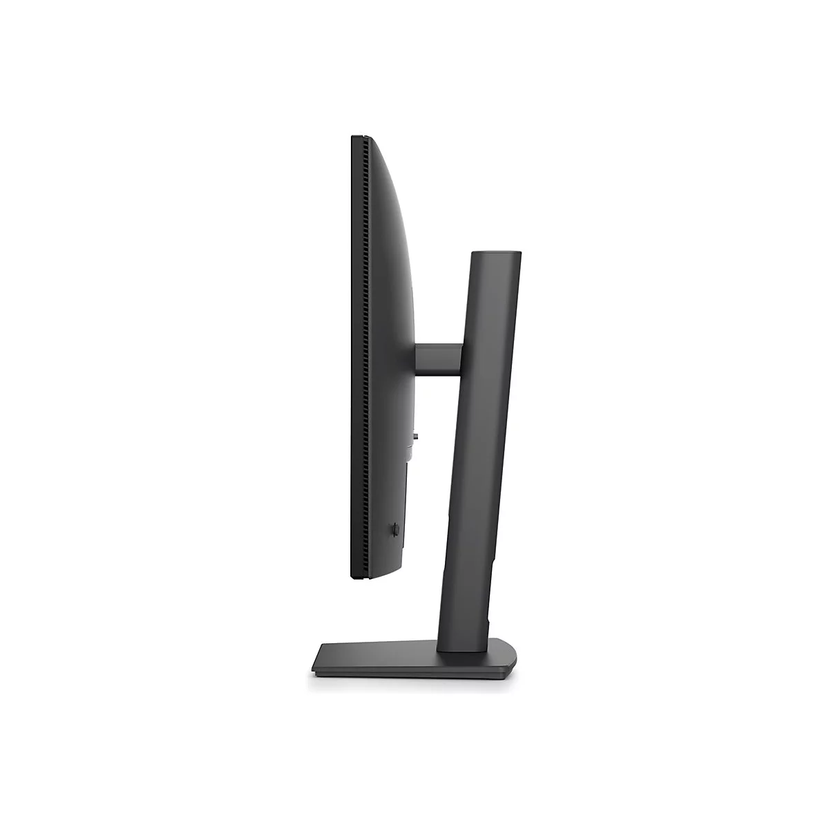 Seitenansicht eines schwarzen Monitors mit Standfuß. Der Bildschirm hat eine schmale Einfassung.