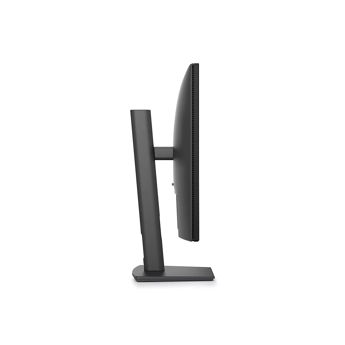 Seitliche Ansicht eines schmalen, schwarzen Computer-Monitors mit schlankem Standfuß auf weißem Hintergrund.