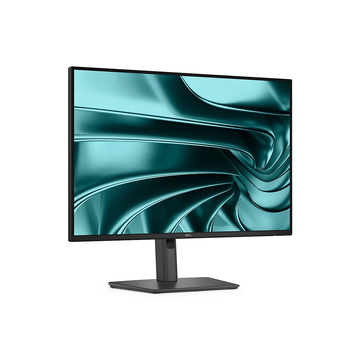 Ein schwarzer Monitor mit einem türkisfarbenen, abstrakt gemusterten Bildschirm. Der Monitor steht auf einem schwarzen Sockel.