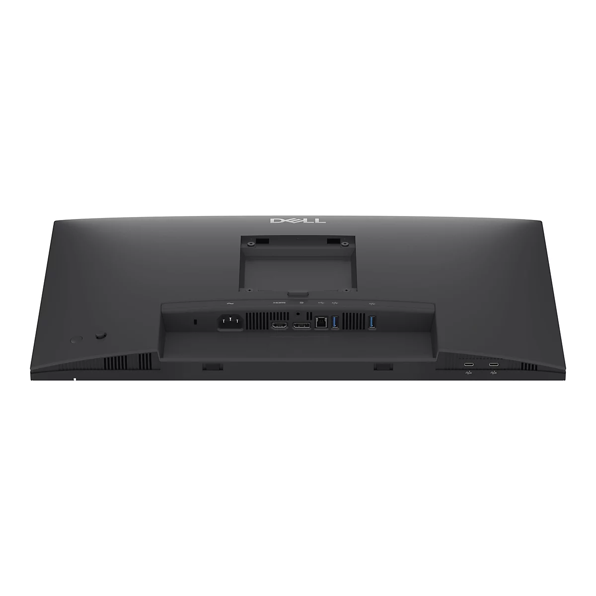 Rückseite eines schwarzen Dell Monitors mit verschiedenen Anschlussbuchsen und Dell Logo.
