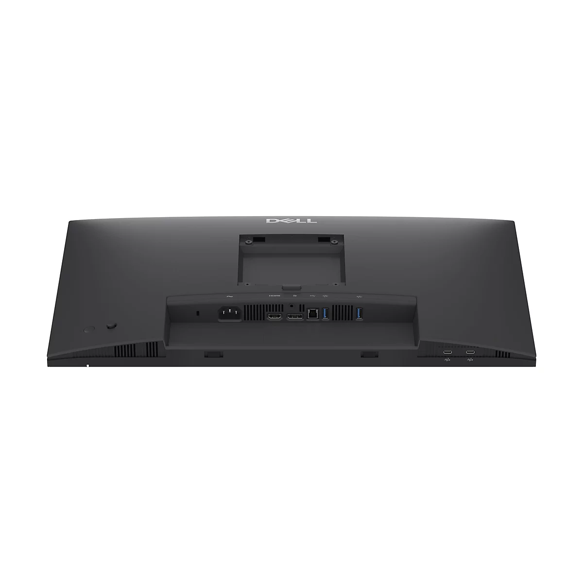Rückansicht eines schwarzen Dell-Monitors mit Anschlüssen, darunter HDMI und USB.