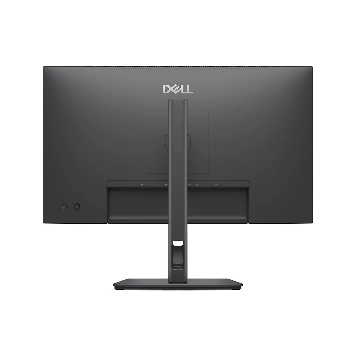 Rückansicht eines schwarzen Dell-Monitors mit Standfuß. Das Dell-Logo ist mittig platziert. Anschlüsse und Knöpfe sind sichtbar.