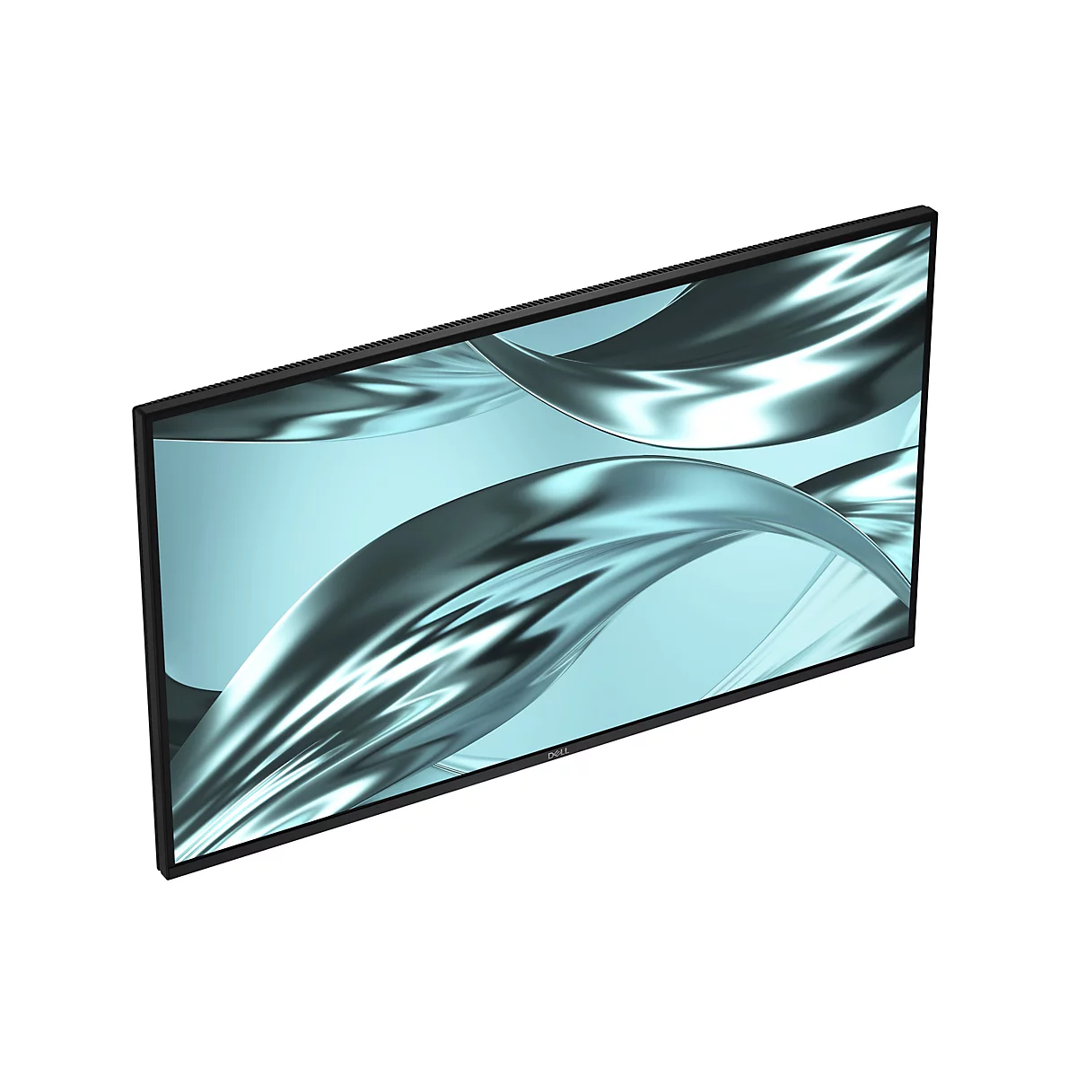 Ein schwarzer Monitor, der diagonal steht, mit einem hellblauen Hintergrund, auf dem sich silberne, fließende Formen befinden. Das Dell-Logo ist unten rechts zu sehen.