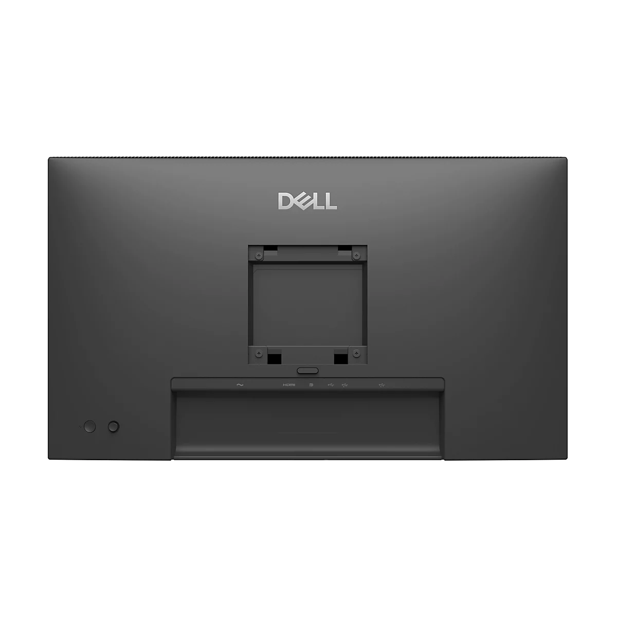 Rückseite eines schwarzen Dell-Monitors. Unten sind Anschlüsse mit HDMI-Etikett und dem Dell-Logo abgebildet.