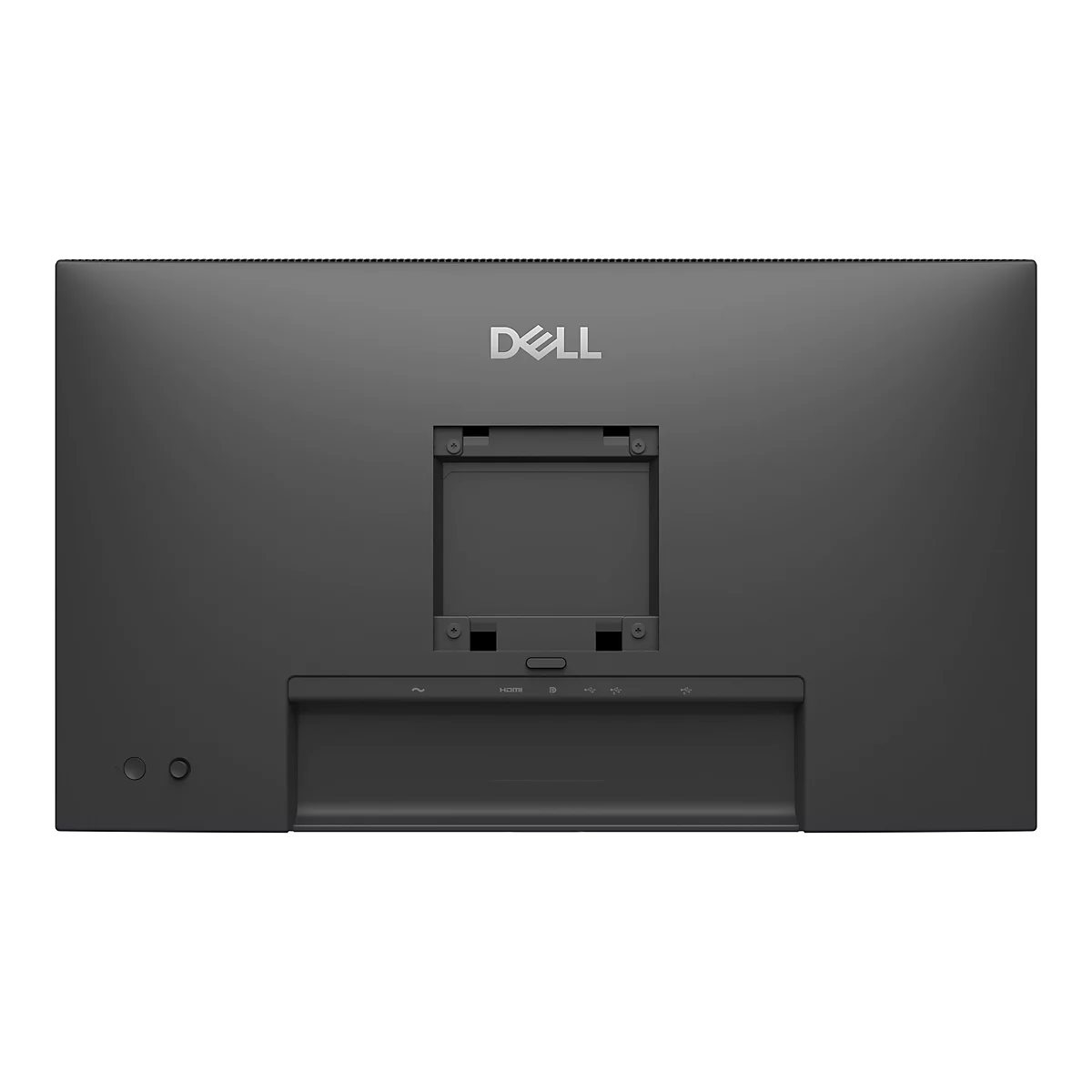Rückseite eines schwarzen Dell Monitors mit zentraler VESA-Halterung, Anschlüssen und Dell-Logo oben.