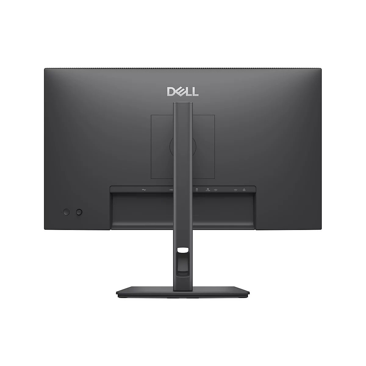 Rückansicht eines schwarzen Dell-Monitors mit Standfuß. Das Dell-Logo ist mittig platziert.