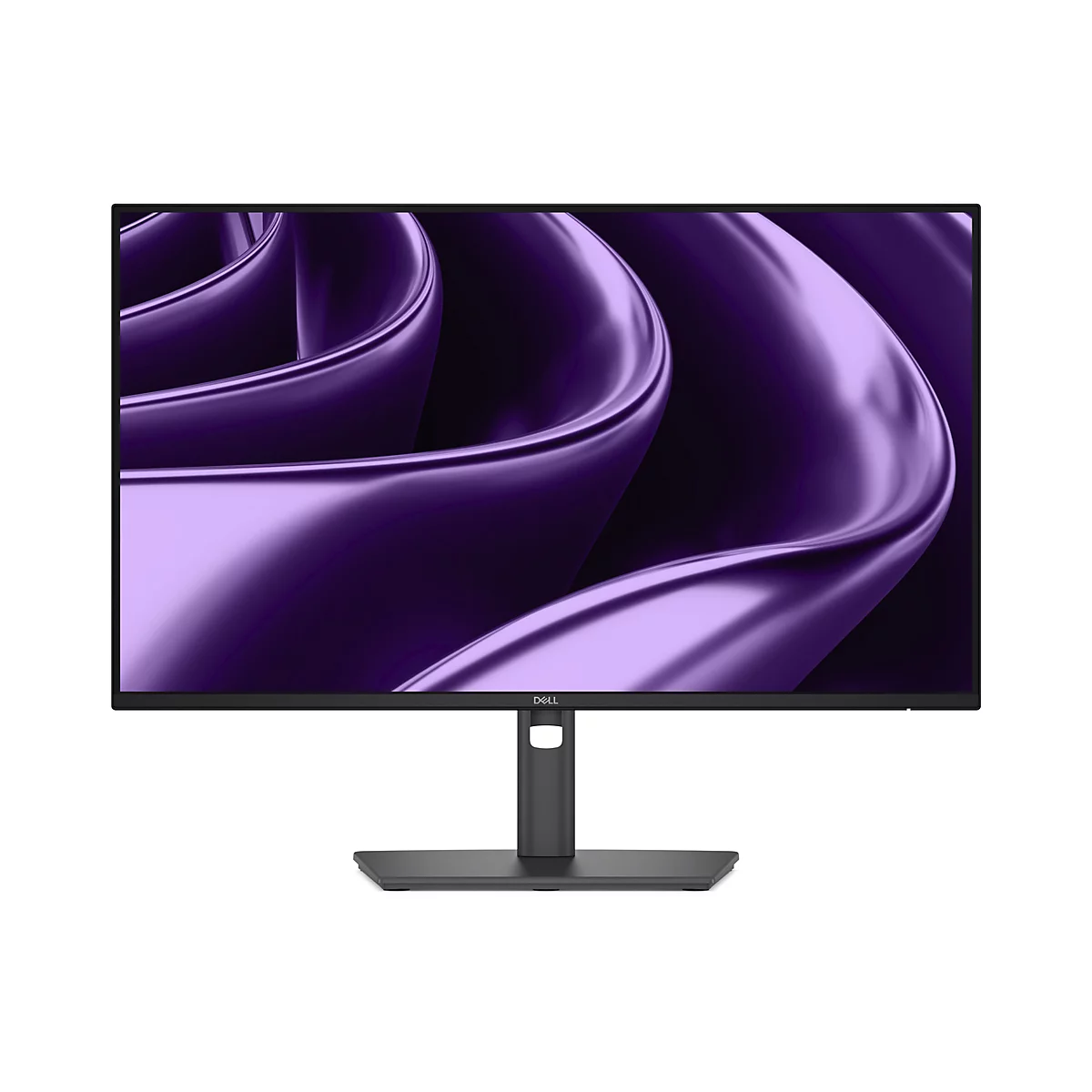 Ein Dell Monitor vor weißem Hintergrund. Der Bildschirm zeigt eine abstrakte lila Form.