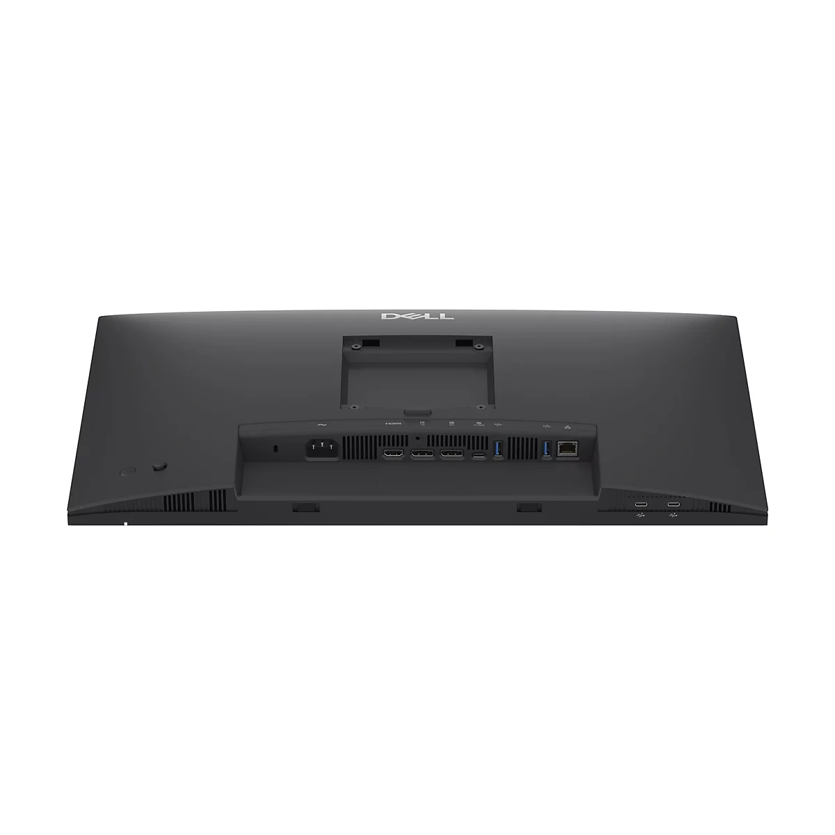 Rückseite eines schwarzen Dell-Monitors, mit Anschlüssen für Strom, HDMI, USB und anderen Kabeln.