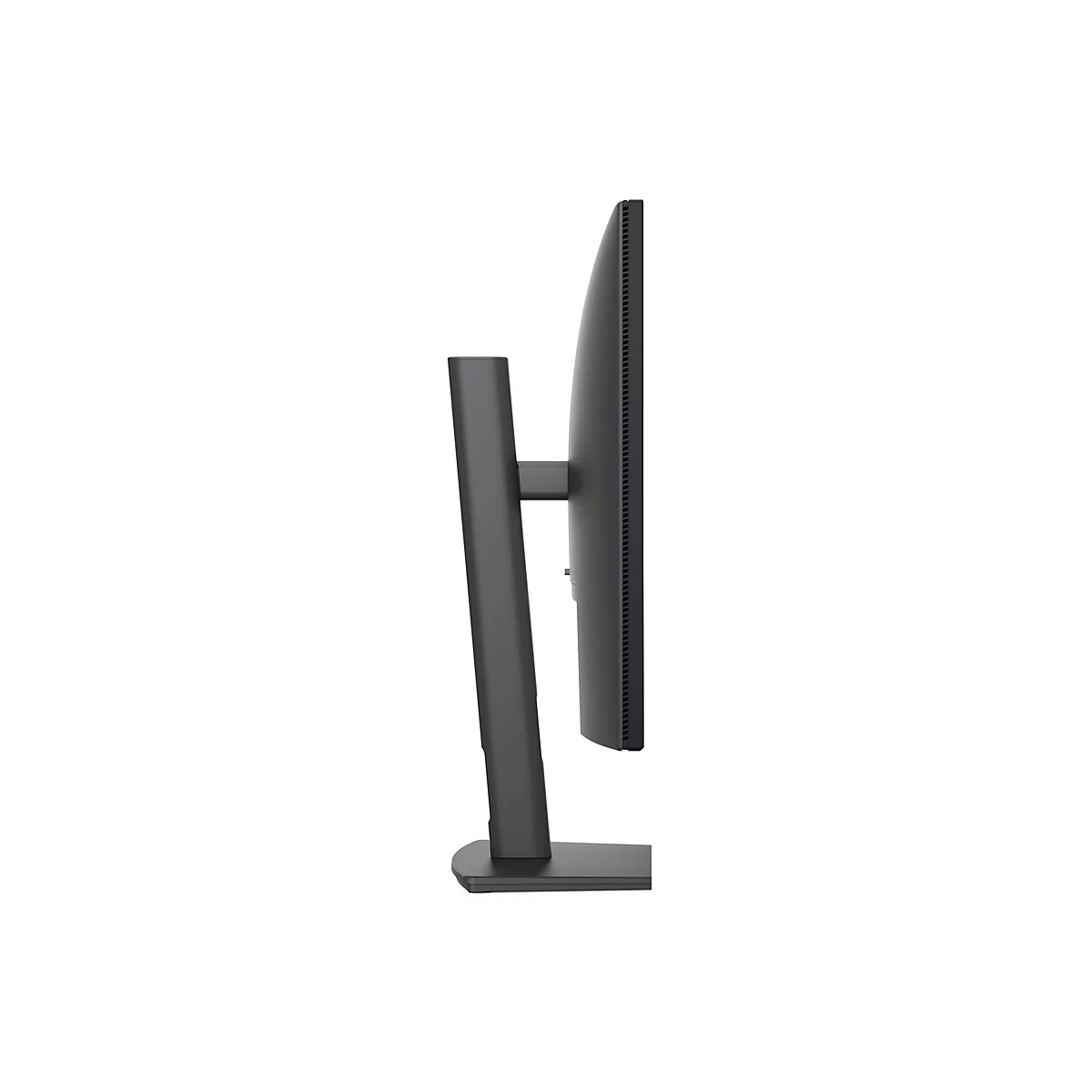 Seitenansicht eines schwarzen Monitors mit Standfuß. Der Monitor hat ein schlankes Design mit schmalen Rändern und einer glatten Oberfläche.