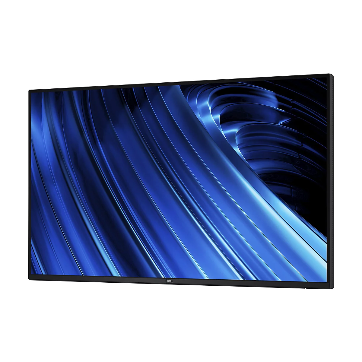 Ein rechteckiger Monitor mit blauem, gewelltem Hintergrund, schräg von vorne gezeigt.
