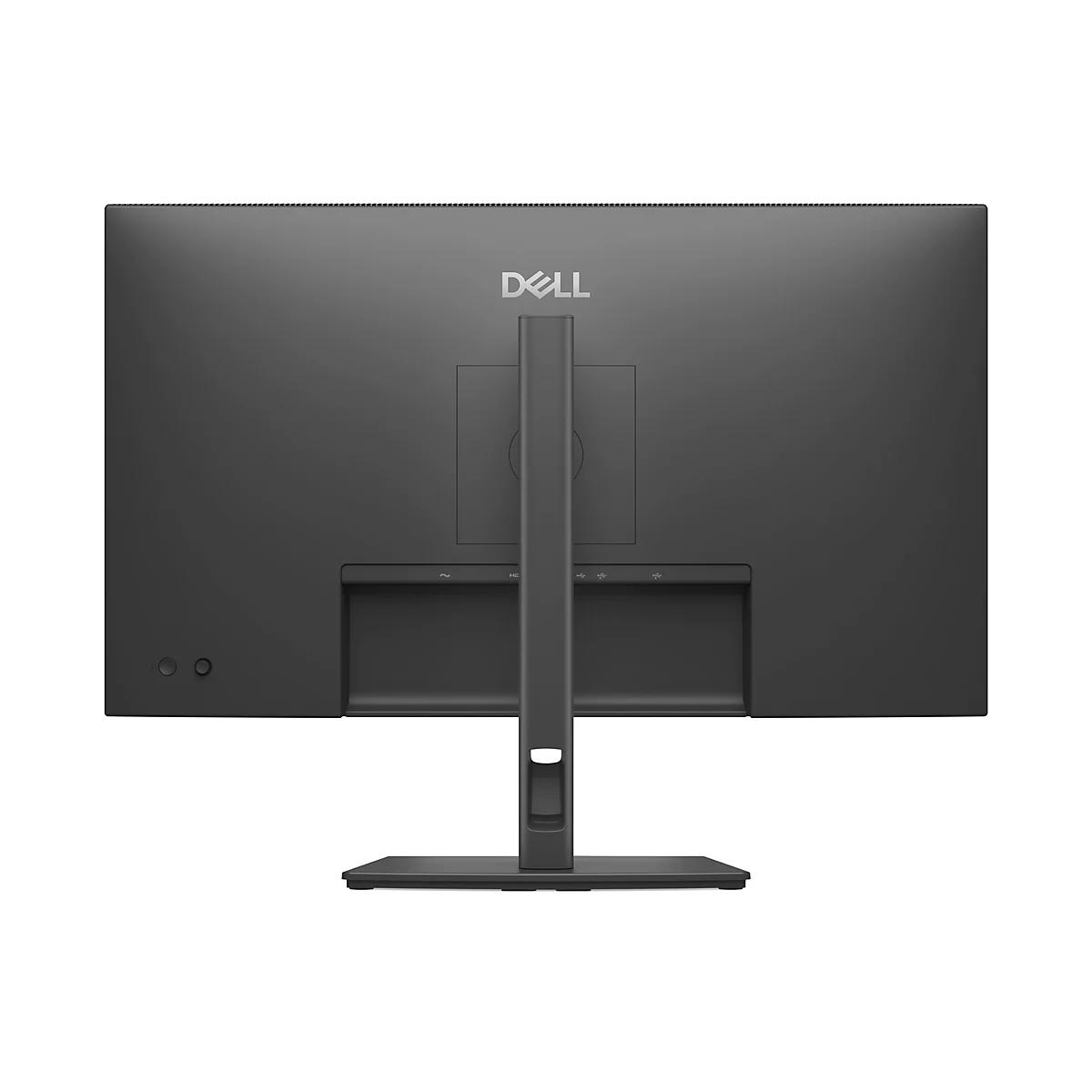 Rückseite eines schwarzen Dell-Monitors mit Standfuß. Anschlüsse und Dell-Logo sichtbar.