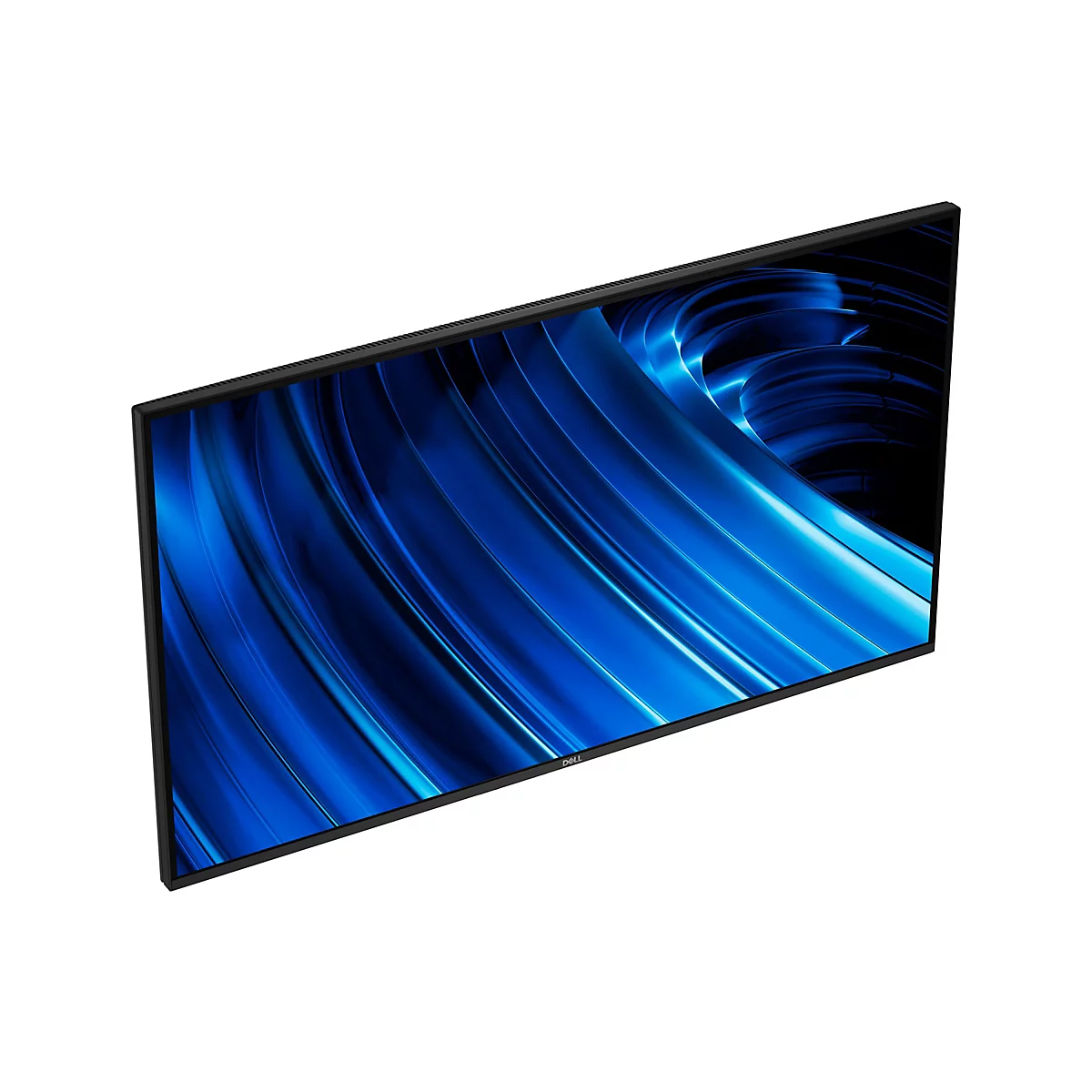 Ein rechteckiger, schwarzer Monitor mit einem blauen, abstrakten Hintergrundmuster. Das Dell-Logo ist sichtbar.