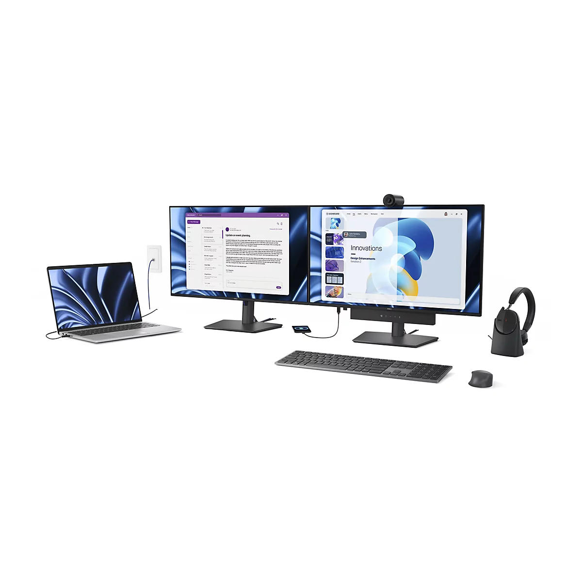 Ein Laptop ist links mit zwei Monitoren verbunden. Auf den Monitoren sind Webseiten zu sehen, darunter eine mit E-Mails und eine mit „Innovations“. Es gibt Tastatur, Maus und Kopfhörer.