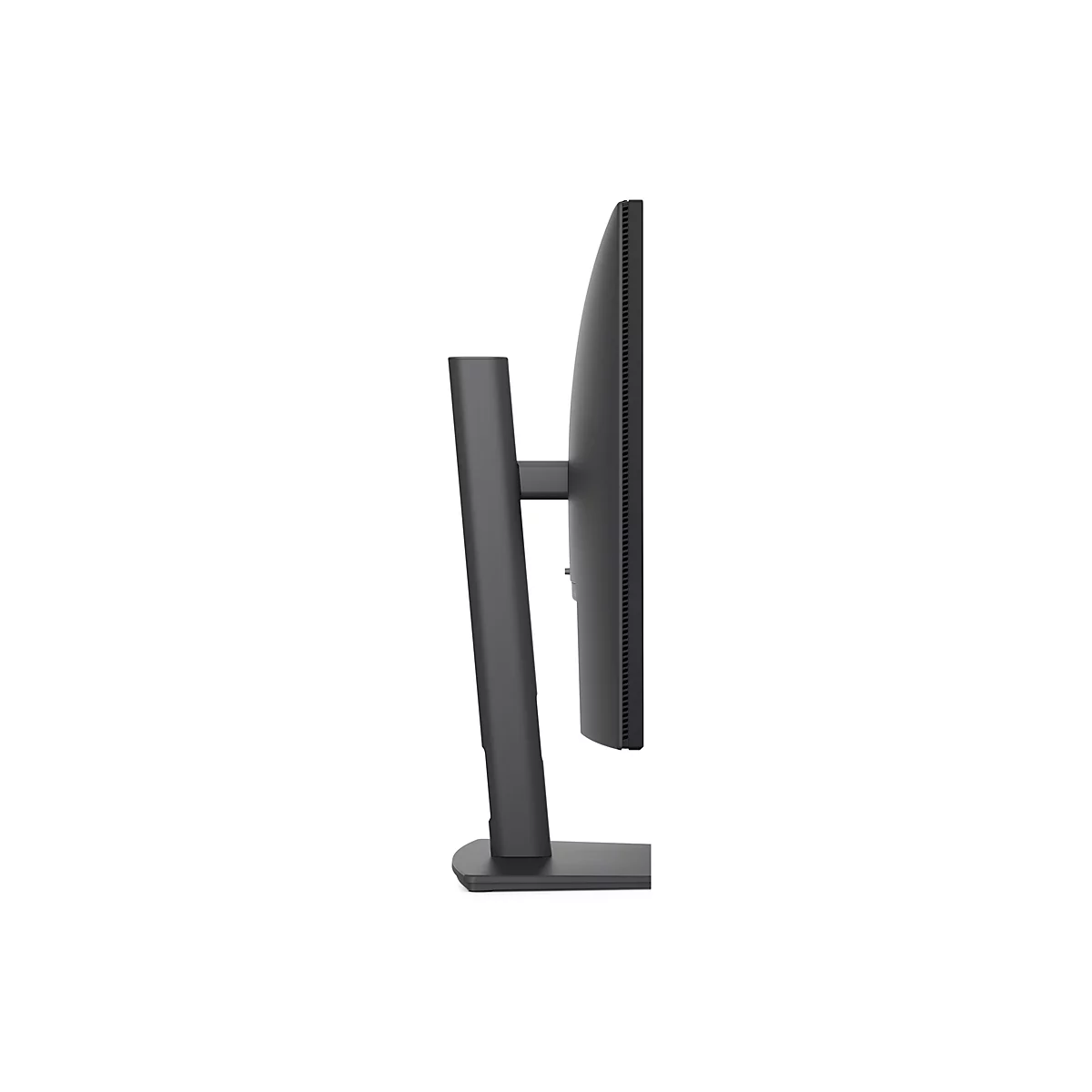 Seitenansicht eines schwarzen Monitors mit Standfuß. Der Monitor ist schlank und elegant.