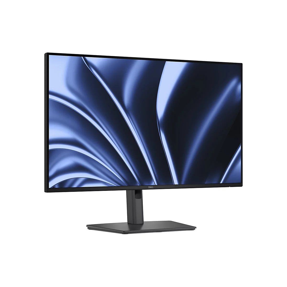 Ein Monitor mit schwarzem Rahmen und Standfuß. Auf dem Bildschirm ein abstraktes Muster in Blau- und Grautönen.