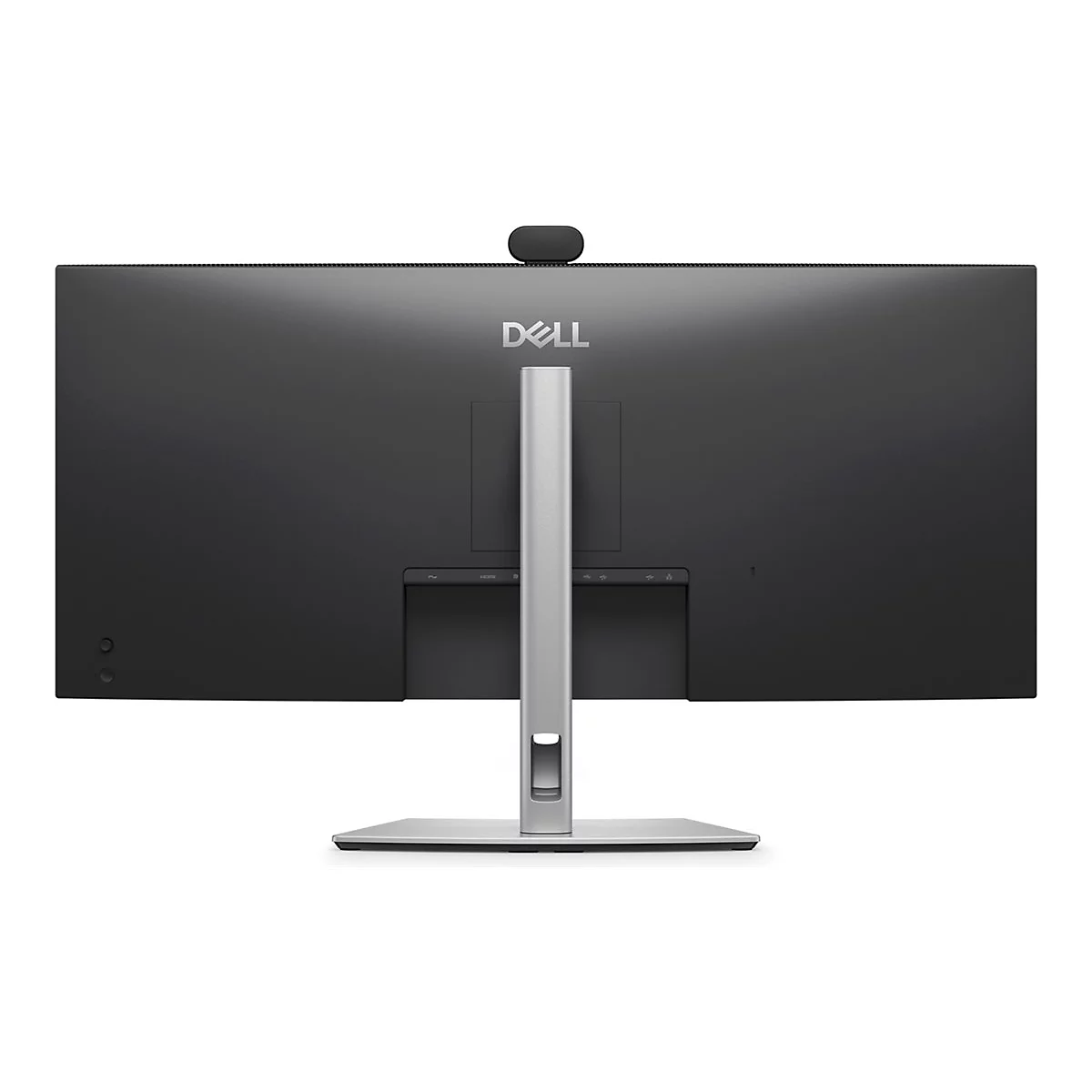 Rückansicht eines Dell Monitors auf silbernem Standfuß vor weißem Hintergrund.