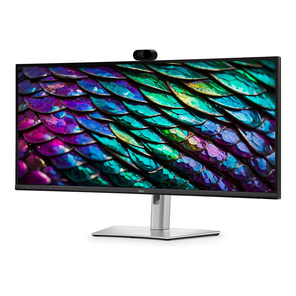 Ein Dell UltraSharp Monitor mit Webcam auf einem silbernen Standfuß vor weißem Hintergrund.
