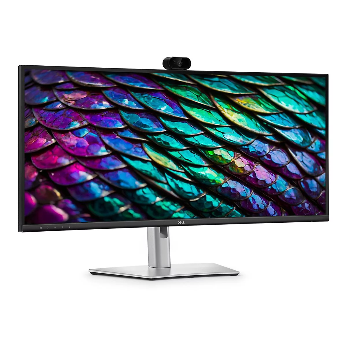 Breiter Dell Monitor mit Webcam auf einem silbernen Standfuß vor weißem Hintergrund.