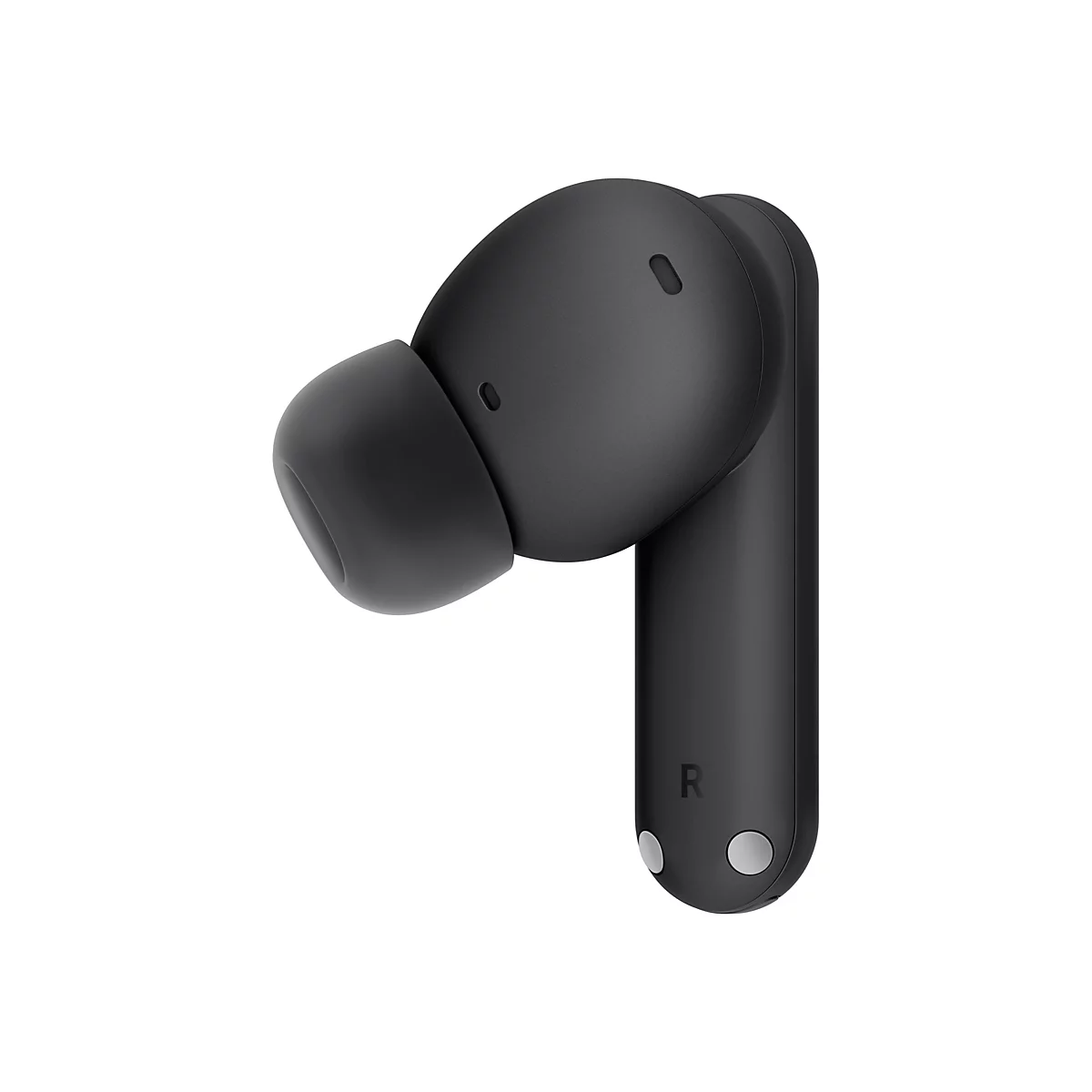 Écouteur sans fil noir sur fond blanc. L'écouteur est en plastique noir mat, avec la désignation "R".