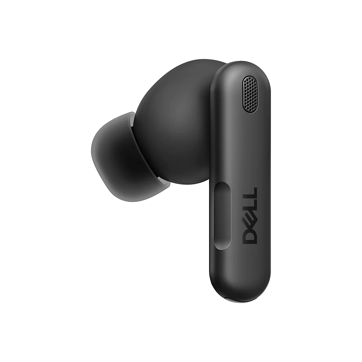 Schwarzer kabelloser In-Ear-Kopfhörer von Dell mit Silikonaufsatz vor weißem Hintergrund.