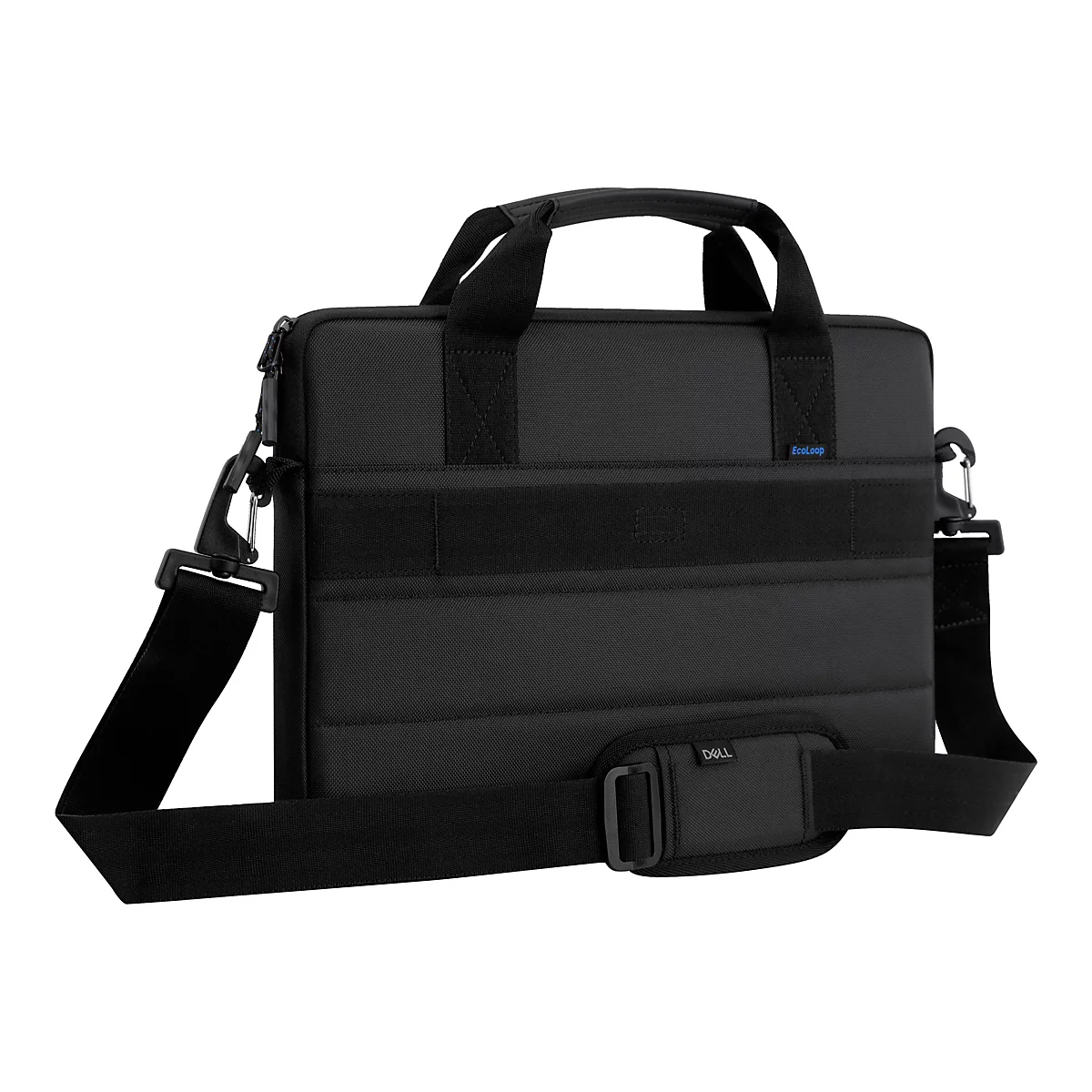 Schwarze Laptoptasche mit Tragegriff und Schultergurt. Auf der Tasche ist der Schriftzug "EcoLoop" und das Logo von "Dell" zu sehen.