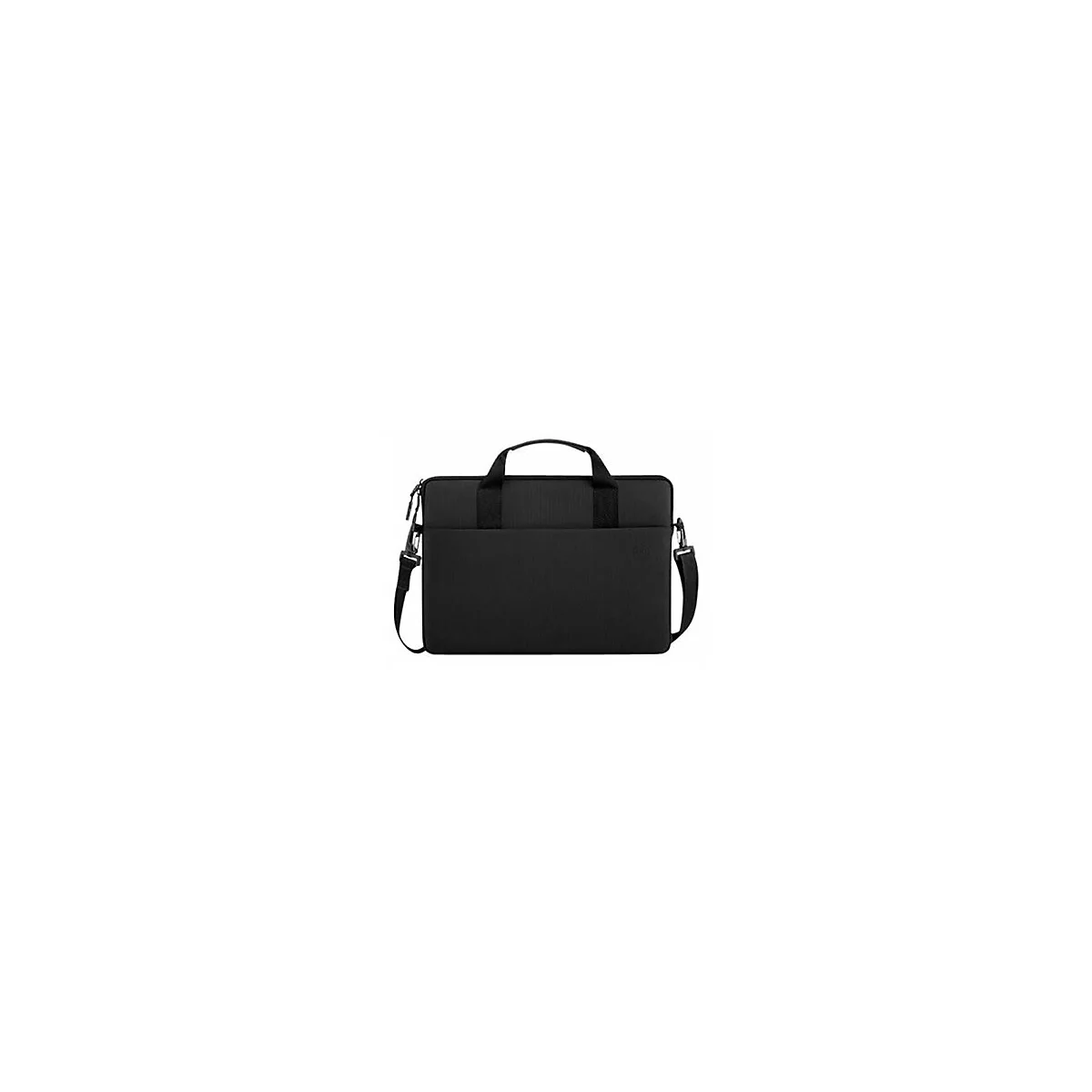 Schwarze Laptoptasche mit Tragegriff und Schultergurt. Auf der Vorderseite befindet sich eine weitere kleinere Tasche.