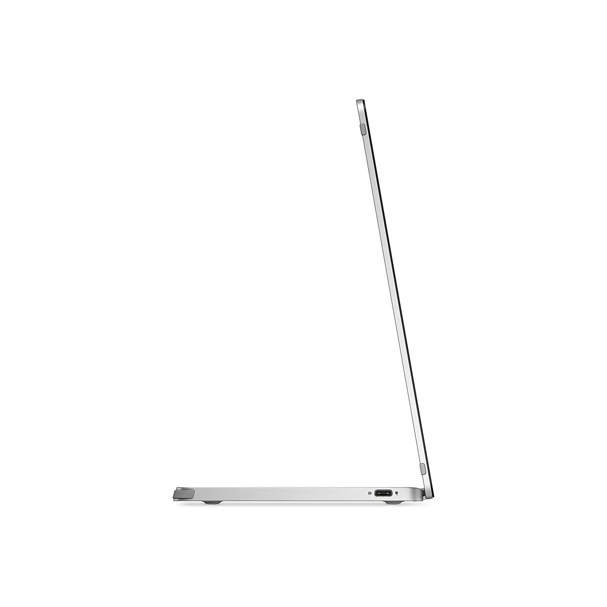 Seitenansicht eines silbernen Laptops, der leicht geöffnet ist. Die Kanten sind scharf und modern. Auf hellem Hintergrund.