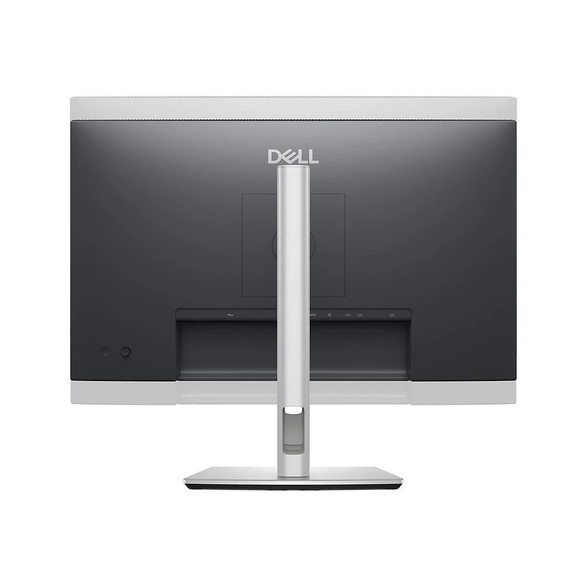 Rückseite eines Dell-Monitors auf silbernem Standfuß vor weißem Hintergrund.