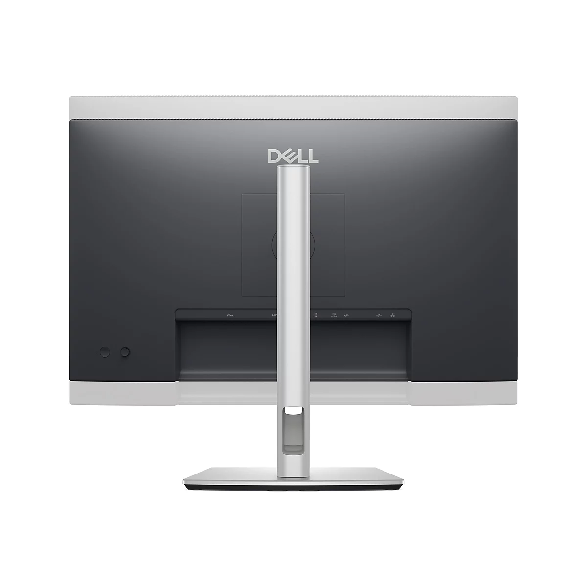 Rückseite eines schwarzen Dell-Monitors mit weißem Rand und silbernem Standfuß. Das Dell-Logo ist mittig platziert.