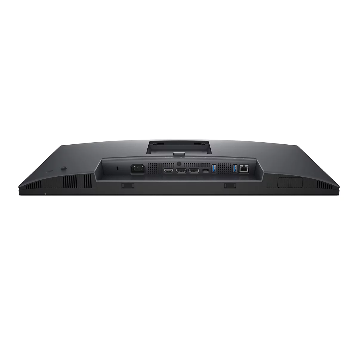 Rückseite eines schwarzen Monitors mit Anschlüssen, darunter Stromanschluss, HDMI, USB und LAN.