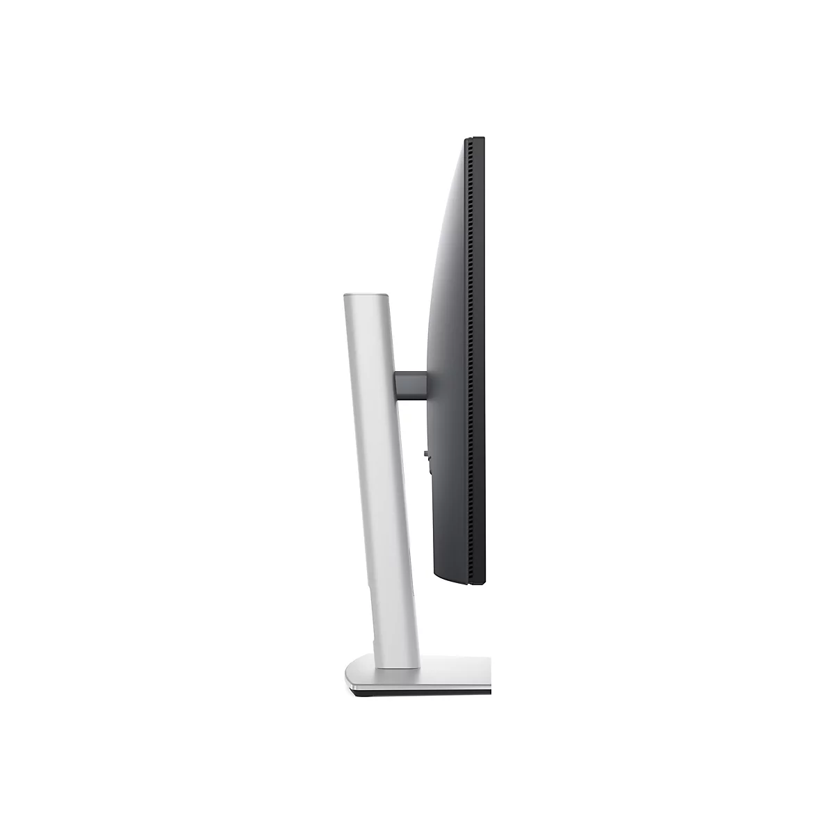 Seitenansicht eines schlanken, grauen Monitors mit einem silbernen Standfuß, der auf weißem Hintergrund steht.