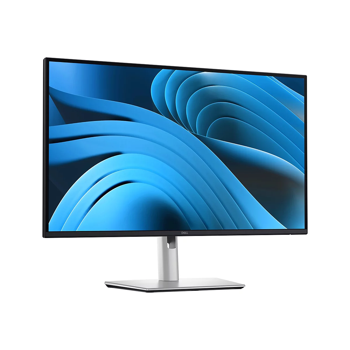 Schwarzer Dell Monitor mit schlankem Rahmen, silbernem Standfuß und abstraktem blauem Hintergrundbild.