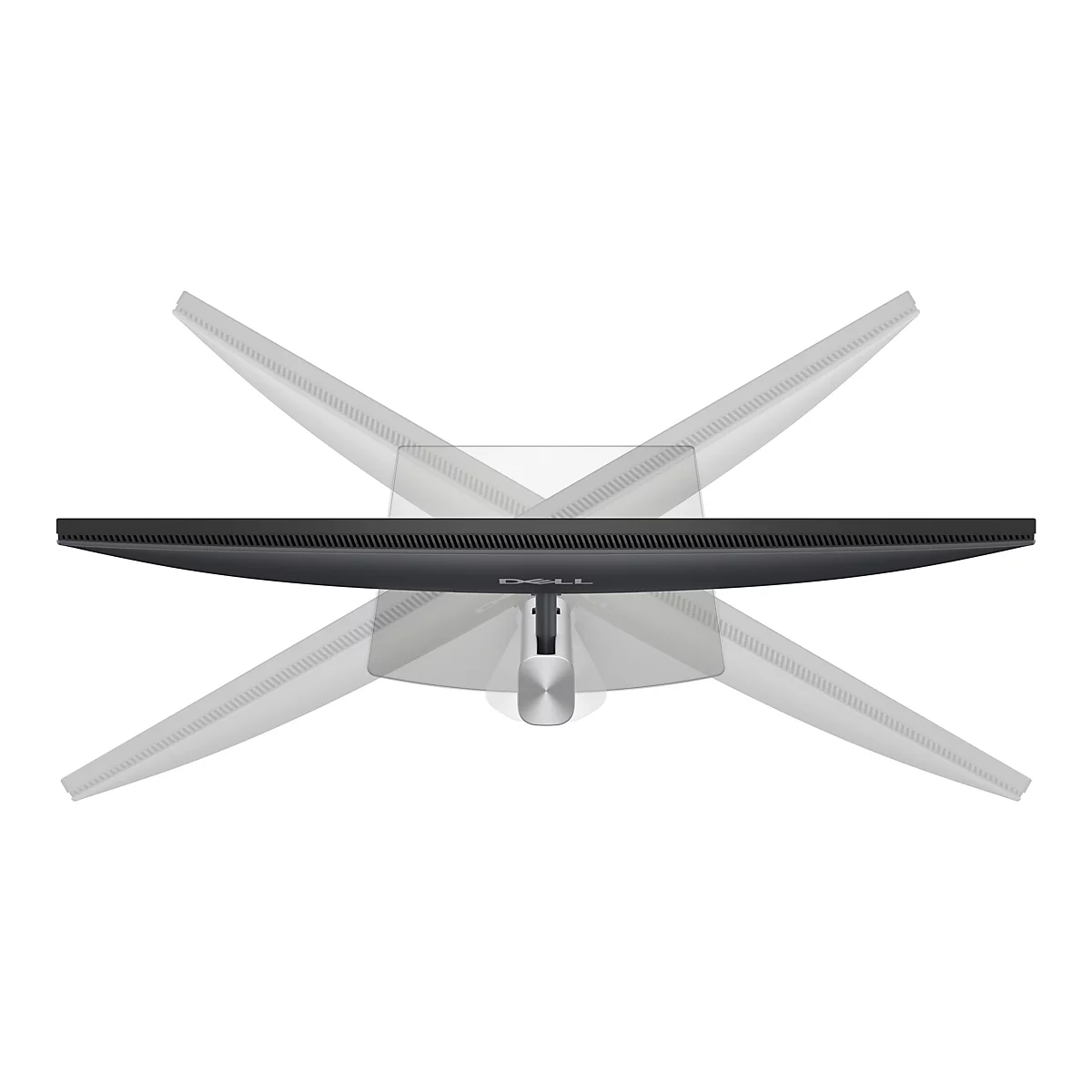 Draufsicht auf einen schwarzen Dell-Monitor, der in verschiedene Winkel gedreht werden kann.