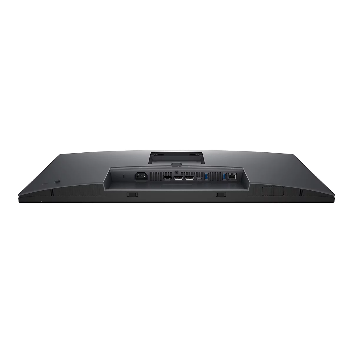 Rückseite eines schwarzen Monitors mit Anschlüssen, wie HDMI, USB und Stromanschluss, vor weißem Hintergrund.