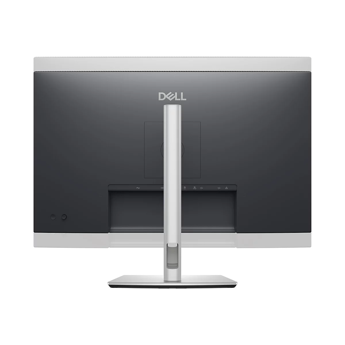 Rückansicht eines Dell Monitors. Schwarzer Bildschirm mit weißem Rahmen. Dell-Logo oben mittig. Silberner Standfuß.