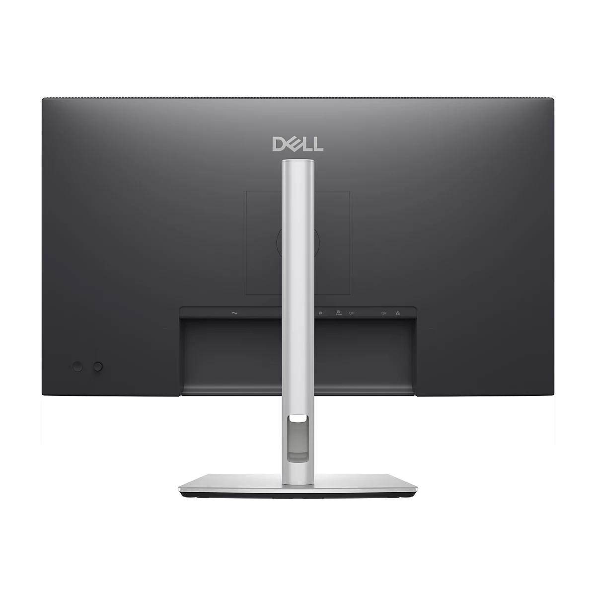Rückansicht eines schwarzen Dell Monitors mit silbernem Standfuß. Das Dell-Logo ist mittig platziert.